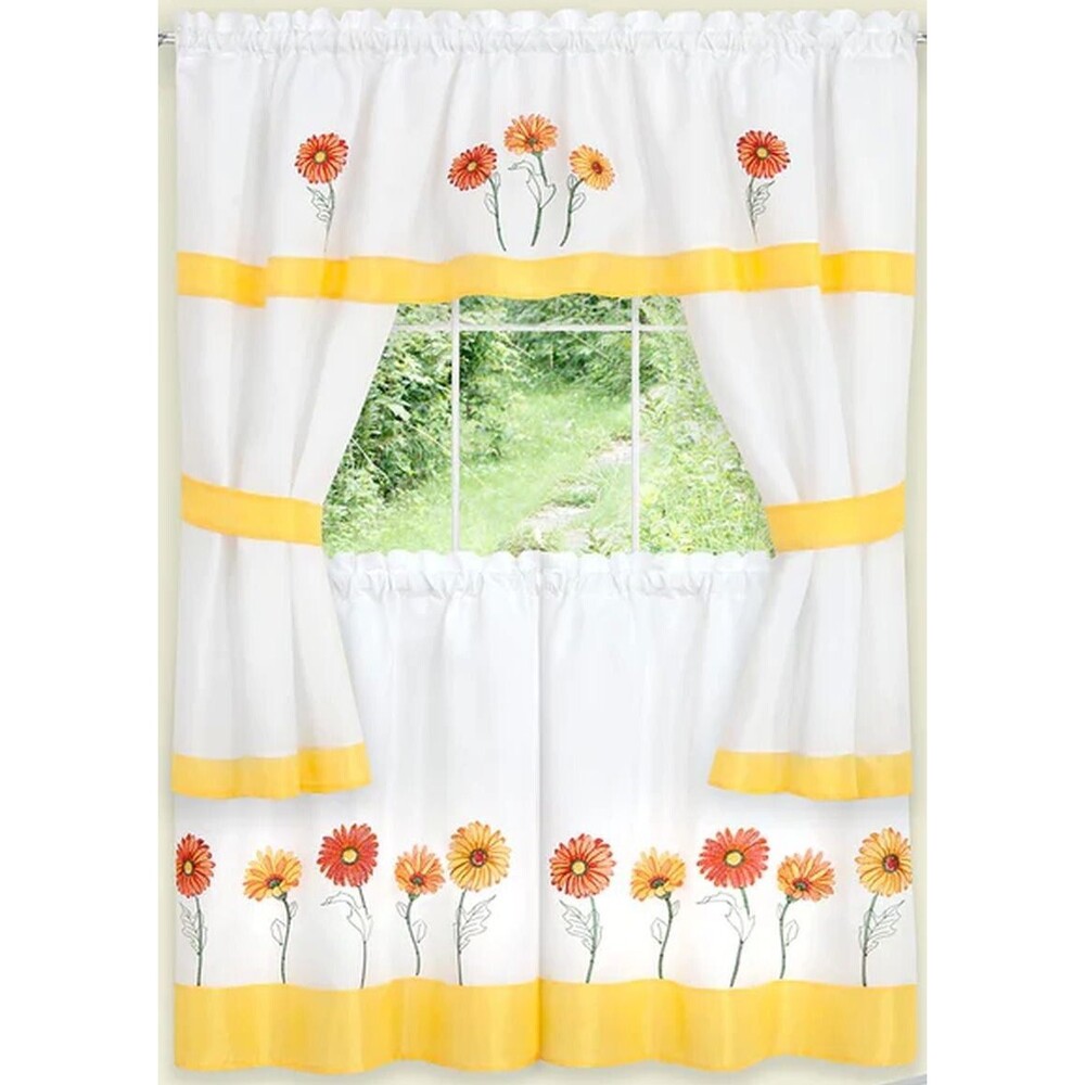 3pc. Embellished Curtains Set:2 Tiers&Swag(58"x36")DAISIES FLOWERS,GERBERA,Achim